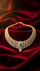 Obraz premium Exquisite diamond and emerald necklace displayed elegantly on rich red velvet fabric, showcasing intricate craftsmanship and luxurious design.