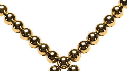 Close-up Photo of Golden Bead Necklace Arranged in a V-Shape, Luxurious Yellow Metal Jewelry Detail on White Background, Symbolizing Wealth, Fashion, and Elegance
