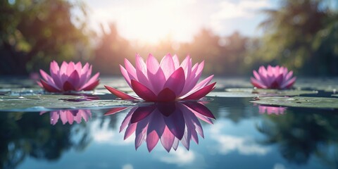 Lotus flowers in full bloom on a sunny lake, highlighting floral vibrancy and aquatic environment