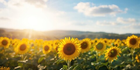Fototapeta premium Vivid sunflower blooms in a summer landscape, agricultural growth and natural coloration