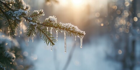 Evergreen branch with melting ice crystals, highlighting seasonal transition and natural resilience, Earth Day
