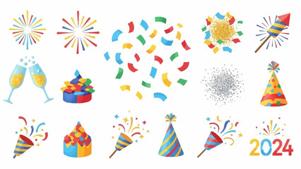 Vibrant collection of festive celebration elements for New Years Eve and party fun.