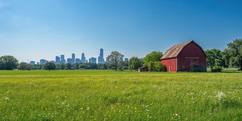 Fototapeta premium Urban landscape with green fields and buildings under a summer sky, suitable for background or layout use