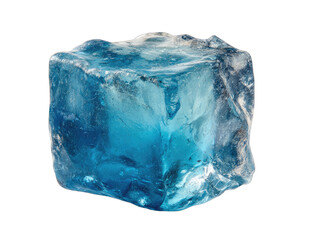 Obraz premium A rough, translucent, pale blue crystalline mineral cube isolated on black