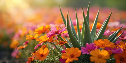 Close-up of aloe vera and colorful cosmos flowers in garden beds, plant diversity for landscape design