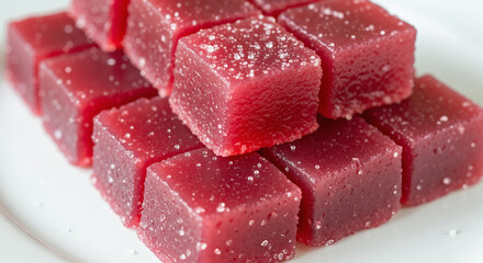P&acirc;te de fruit jelly candy cubes coated in sugar on a white plate, a gourmet French confectionery dessert.