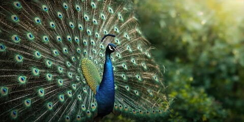 Male peacock with tail feathers fanned out for display, courtship behavior