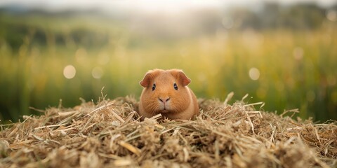 Guinea pig resting among hay made of meadow grasses, highlighting small animal habitat for wildlife awareness
