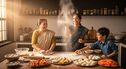 Three-generation Indian family cooking together, laughing and playing with flour in a warm kitchen.