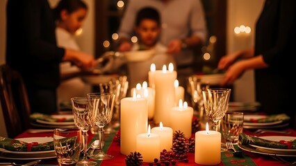 Festive Christmas Dinner Table with Lit Candles and Elegant Glassware in Warm Cozy Setting