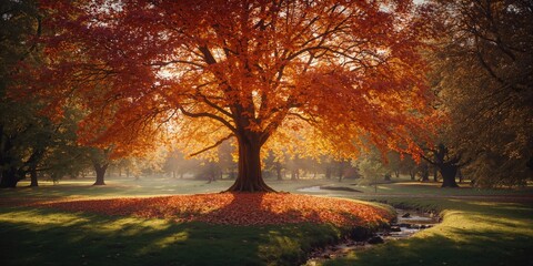 Vivid fall landscape showing deciduous trees with red and gold leaves during seasonal transition