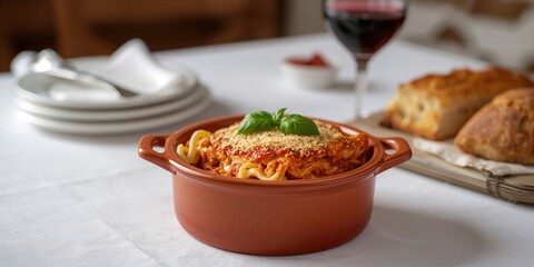 Rustic Italian style lasagna baked in a clay pot, highlighting traditional cooking techniques, food, white background