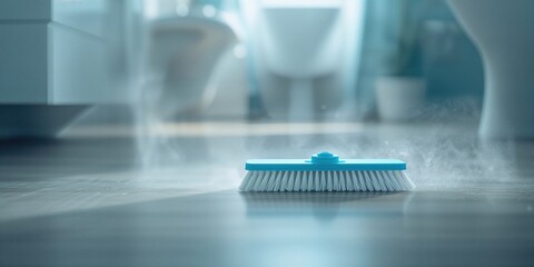 Bathroom cleaning tool with blue handle resting on tiled floor, used for surface sanitation