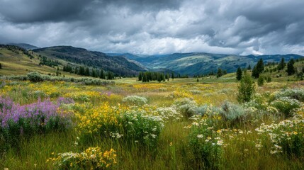 Obraz premium Vibrant Meadow in Mountains Under Dramatic Cloudy Sky with Lush Greenery and Colorful Wildflowers, Capturing the Beauty of Nature's Scenic Landscape