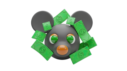 Cute Gray Mouse Character With Big Green Eyes Surrounded By Green Money Bills On A Transparent Background