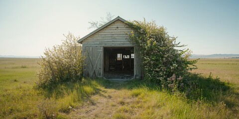 Derelict garage overtaken by wild plants, environmental preservation focus