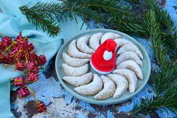 Vanillekipferl, traditional German Christmas cookies. Blue background
