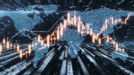 Global stock market chart with candlestick graph and binary code world map overlay for digital finance concept - Powered by Adobe