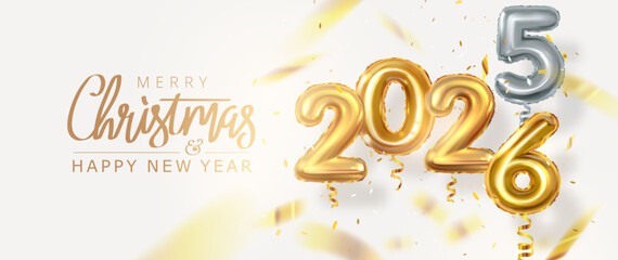 2026 New year, Christmas. Outgoing 2025. Realistic 3d style. Change of year. Golden balloons with numbers and confetti. vector design