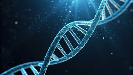 A glowing blue DNA strand against a dark background, symbolizing genetics and molecular biology, with particles creating a sense of depth and motion.