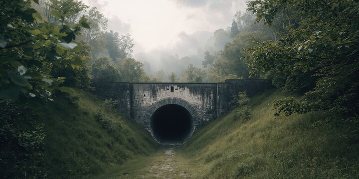 Old graphite tunnel in a village setting, historical infrastructure preservation, Earth Day