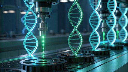 A futuristic laboratory scene featuring advanced machinery manipulating glowing DNA strands on a conveyor belt.