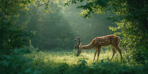 Wildlife scene with a deer browsing in leafy surroundings, highlighting animal activity