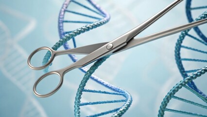 A pair of scissors cutting through a blue DNA double helix, symbolizing genetic editing and molecular biology.