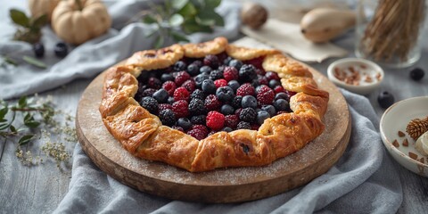 Homemade sweet galette with elderberries and cowberries on a wooden board, highlighting seasonal fruit in autumn baking, World Food Day