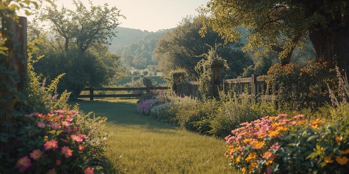 Vibrant plants and flowers in a lush garden setting with a rustic wooden fence, ideal for outdoor landscape design - Powered by Adobe