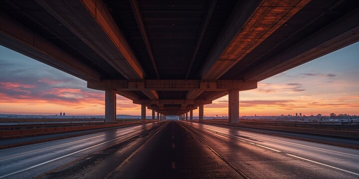 Modern highway passing beneath an overpass during sunset, transportation route at dusk