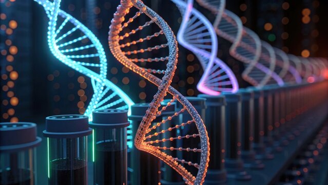 A captivating digital illustration showcasing colorful DNA strands alongside laboratory vials, symbolizing genetics and scientific exploration. - Powered by Adobe