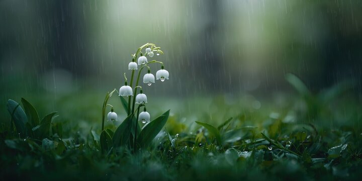 Lily of the valley flowers in a rainy setting, seasonal bloom and moisture effects