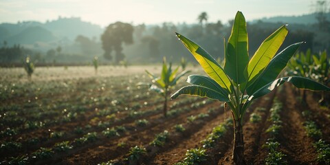 Musa crop thriving with dew on foliage in a farming landscape, highlighting drip irrigation practices, World Environment Day