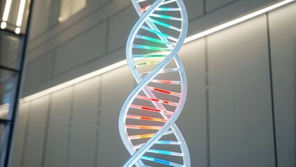 A glowing DNA helix sculpture stands elegantly against a minimalist backdrop, showcasing vibrant colors and modern design elements.