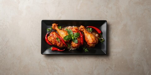 A Medan dish featuring chicken rica presented on a dark ceramic plate topped with fresh basil and chili slices