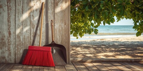 Red broom and brown dustpan leaning against a wall, cleaning equipment maintenance