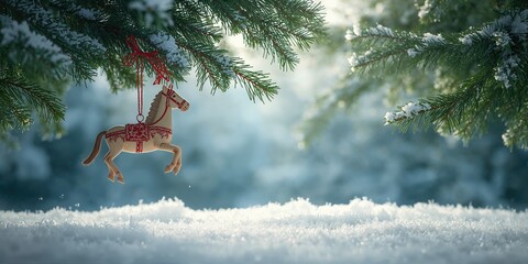Toy horse ornament on a pine branch in snowy surroundings, festive holiday display