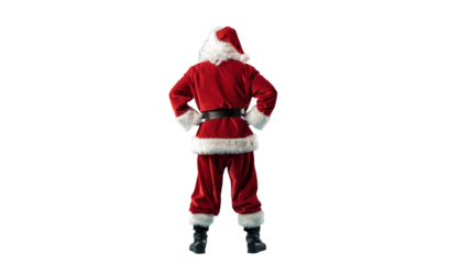 Claus stands with hands on hips facing away in red outfit with white accents in a simple background during the holiday season
