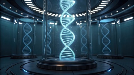 A futuristic laboratory scene featuring glowing DNA strands within glass tubes, showcasing advanced genetic research and technology.