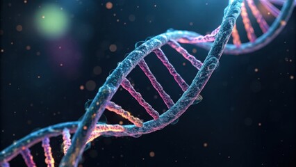 A vibrant, 3D representation of a DNA double helix, showcasing intricate details and glowing effects against a dark background.