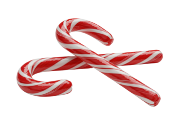 three ultra-glossy traditional christmas candy canes with vibrant red and white helical stripes, macro studio shot on a transparent background with copy space, christmas advertising concept