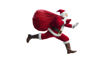 Claus runs with a large sack on a winter night in a busy town square filled with holiday lights