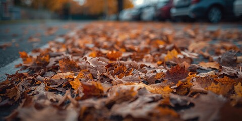 Fallen leaves covering a parking area in autumn, highlighting seasonal foliage and paved surface maintenance