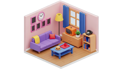 Cozy Isometric Living Room Scene with Purple Sofa Orange Television and Bookshelf on Transparent Background