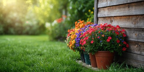 Colorful flower pots arranged against a wooden garden wall used as a background for text layout or design purposes