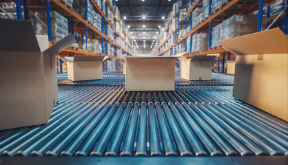 Conveyor belt with multiple boxes moving through a warehouse during busy daytime hours