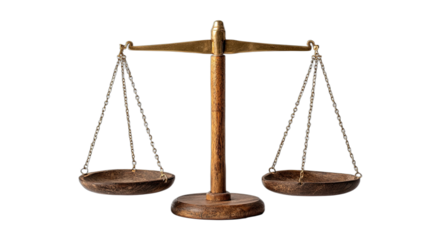 Vintage brass balance scale with wooden base, suspended on chains