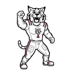 Wildcat mascot in football uniform flexing arm in celebration.