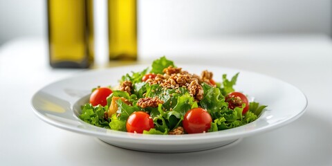 Green salad with cherry tomatoes walnuts and sesame oil, suitable for a healthy eating layout, World Health Day
